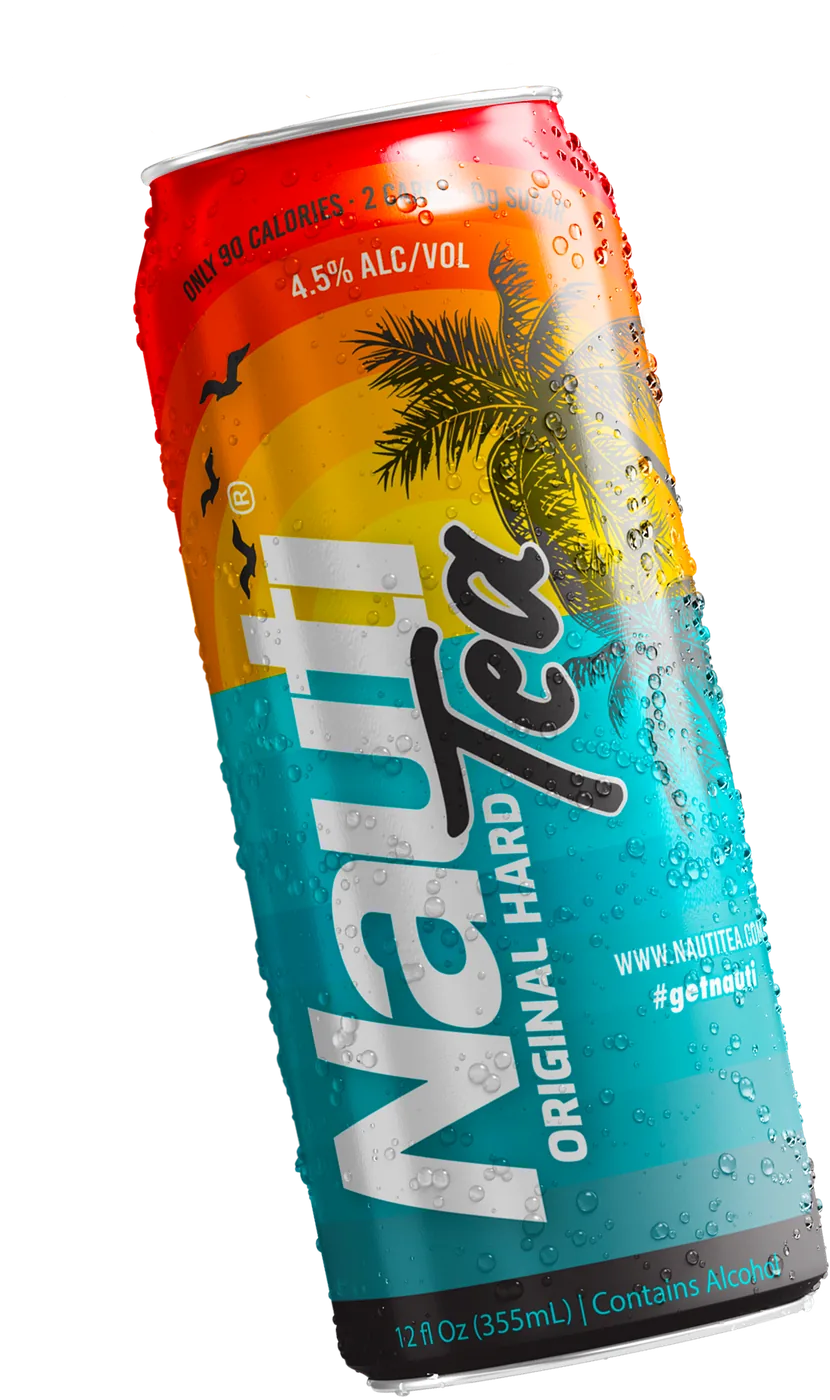 A tilted can of Nauti Original Hard Tea covered in condensation