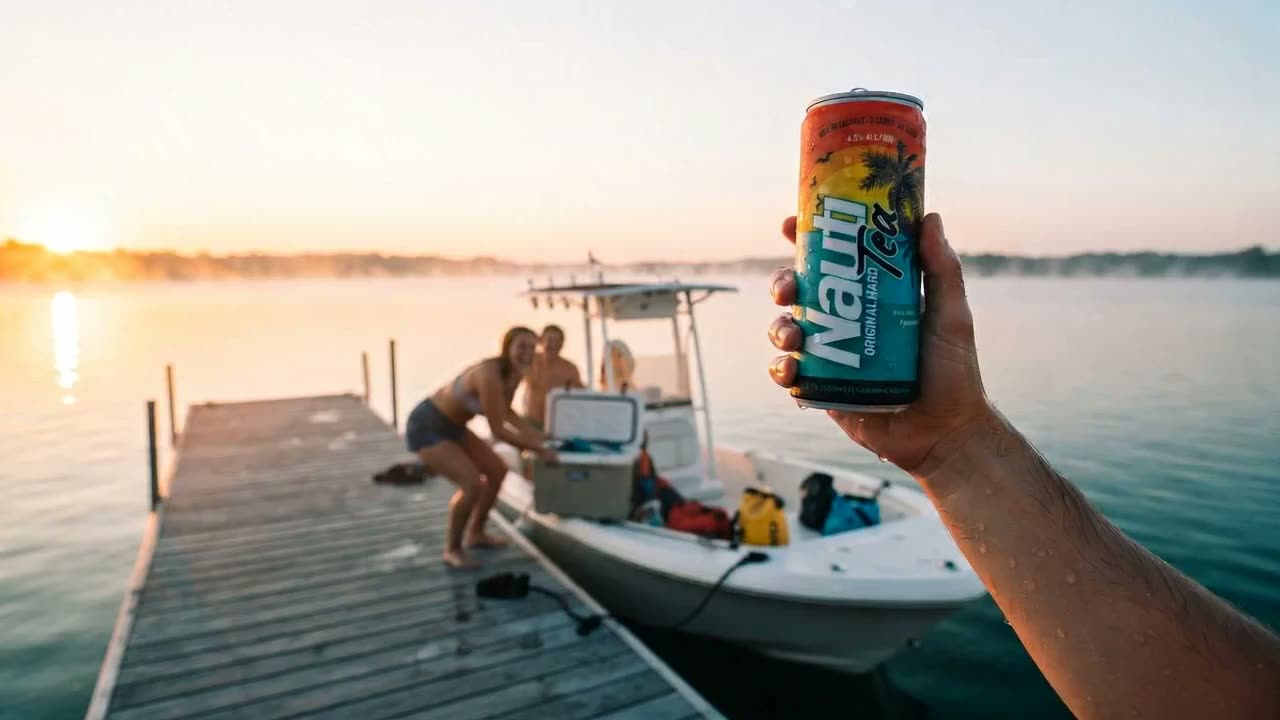 First light at the dock, a hand holding a can of Nauti Hard Tea